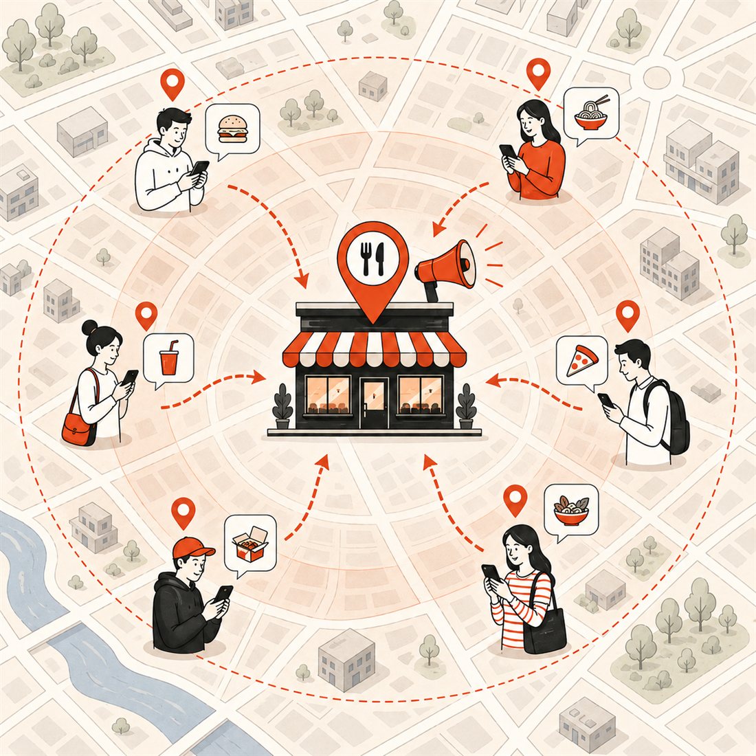 A Foomy mira quem está com fome no raio ao redor do seu negócio e traz o cliente direto pra você